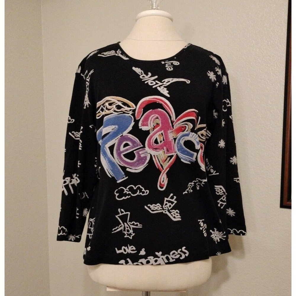 Chico's Womens Size 2 US L Top Graffiti Peace Love 3/4 Sleeve Tee Black Graffiti